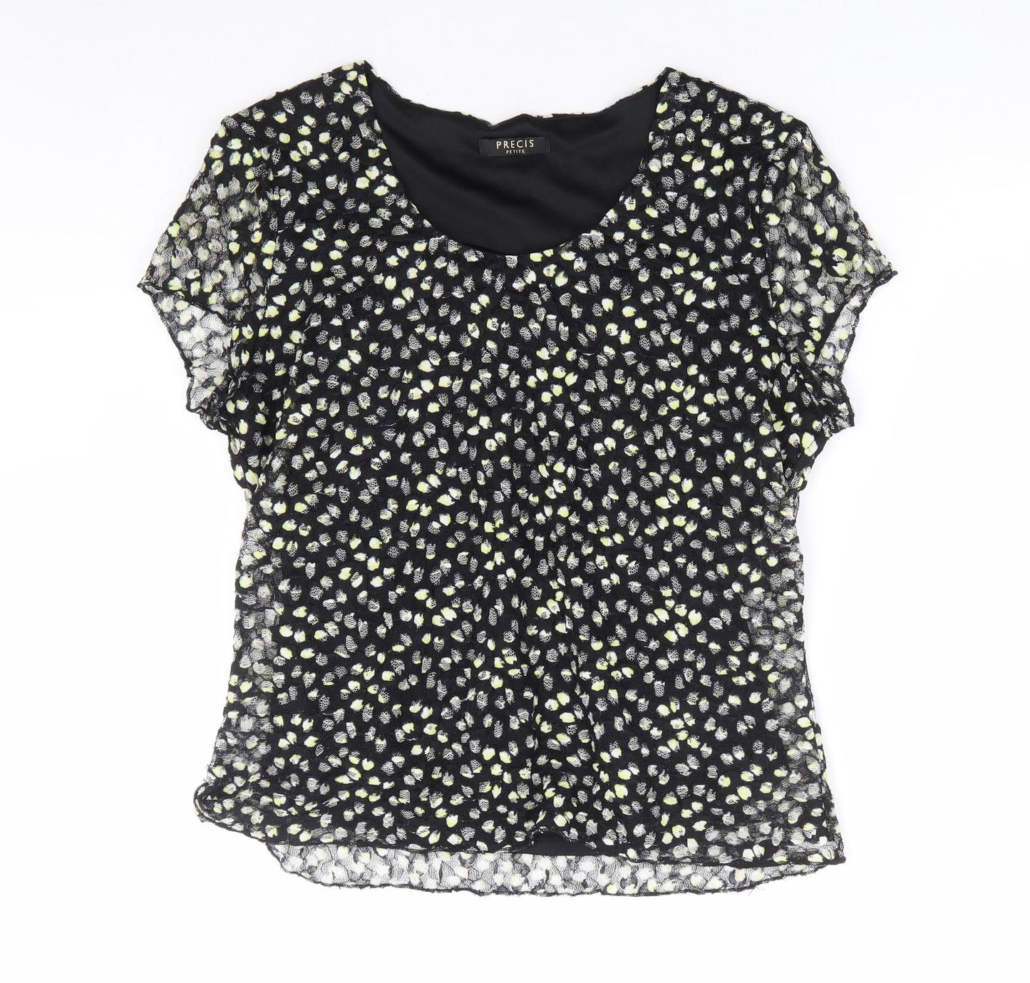 Precis Petite Womens Black Geometric Polyester Basic T-Shirt Size L Scoop Neck
