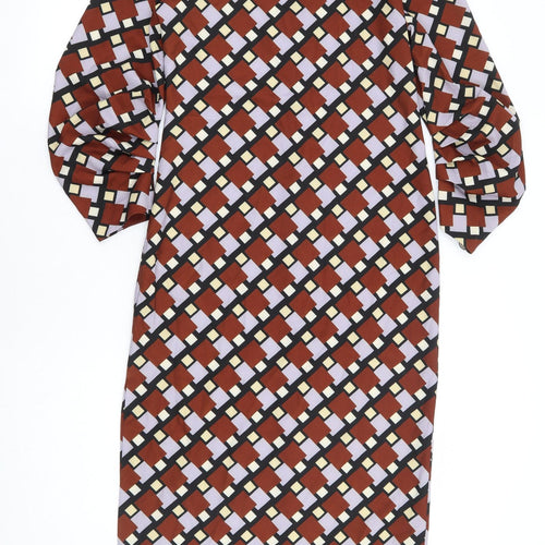 Zara Womens Brown Geometric Polyester A-Line Size S Round Neck Zip