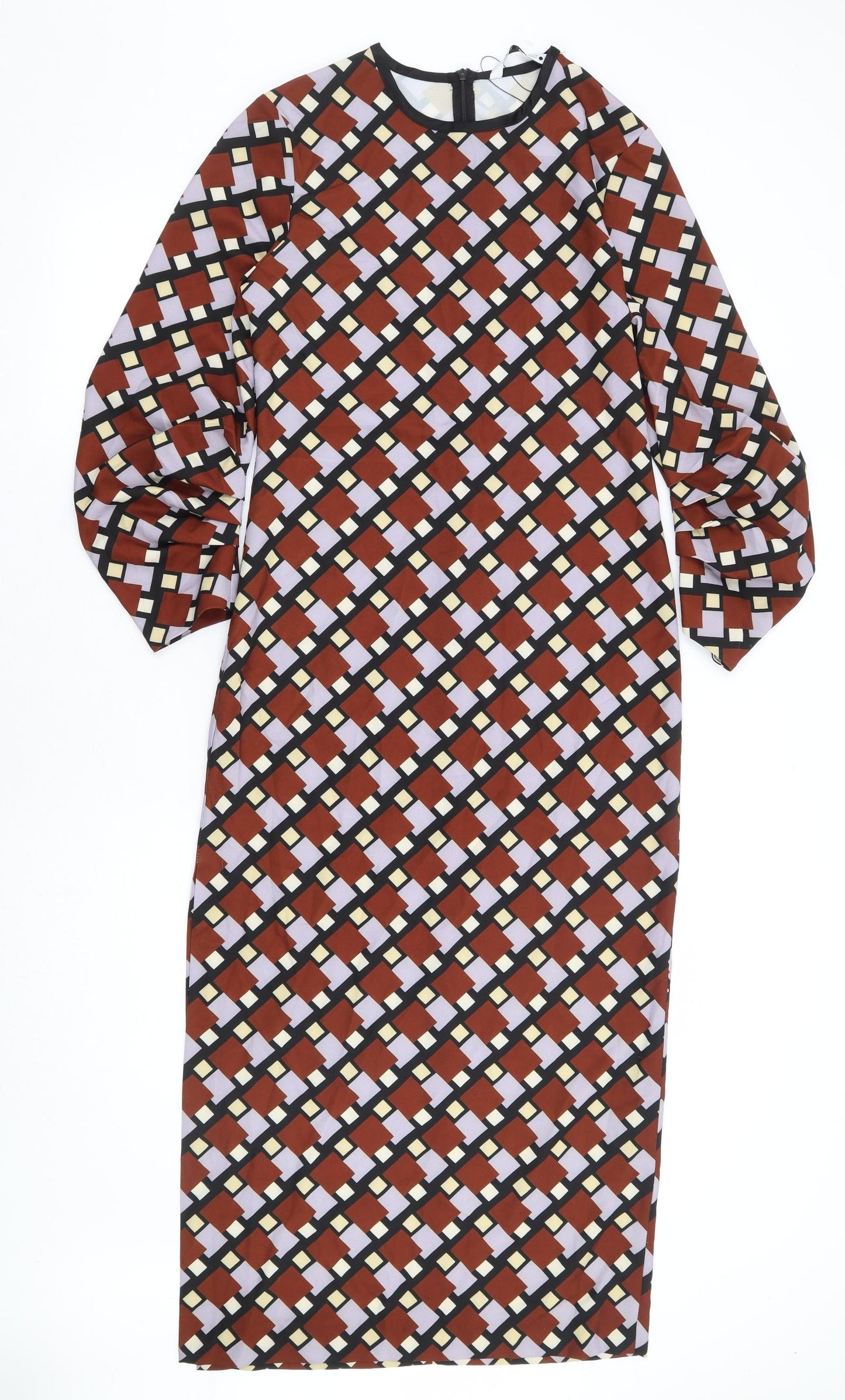 Zara Womens Brown Geometric Polyester A-Line Size S Round Neck Zip