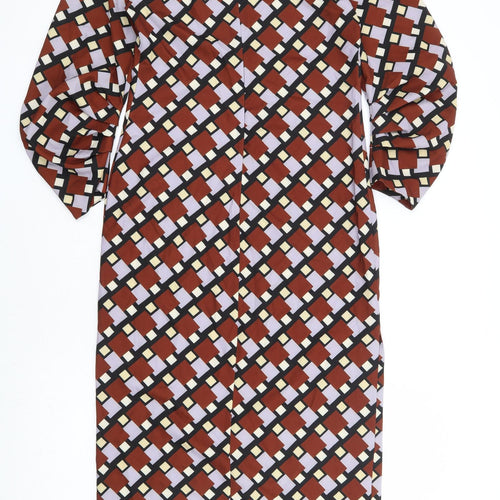 Zara Womens Brown Geometric Polyester A-Line Size S Round Neck Zip