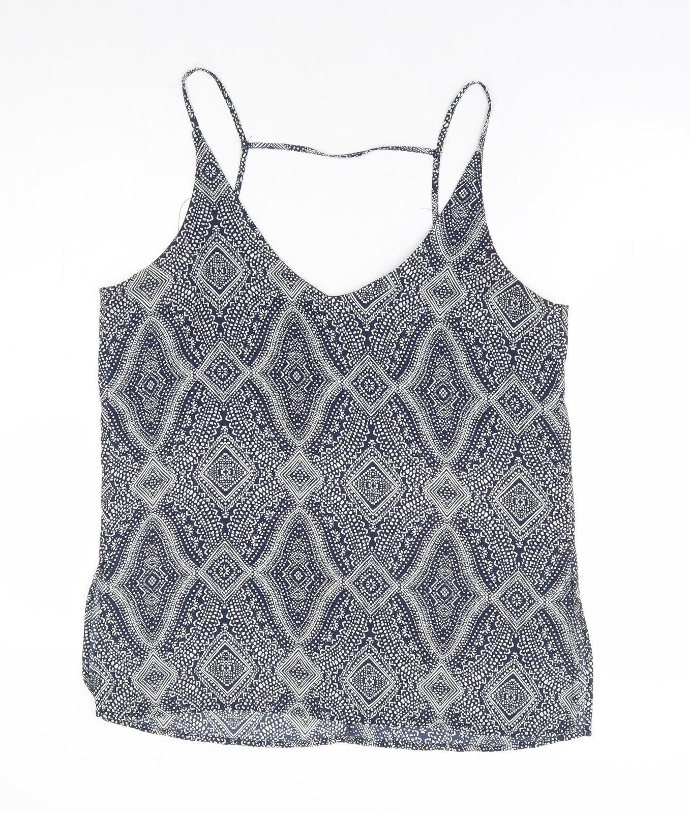 H&M Womens Blue Geometric Polyester Cropped Blouse Size 12 V-Neck