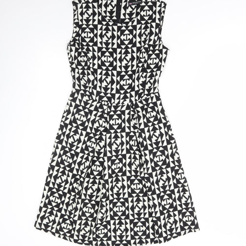 Collection Womens Black Geometric Polyester Skater Dress Size 8 Round Neck Zip