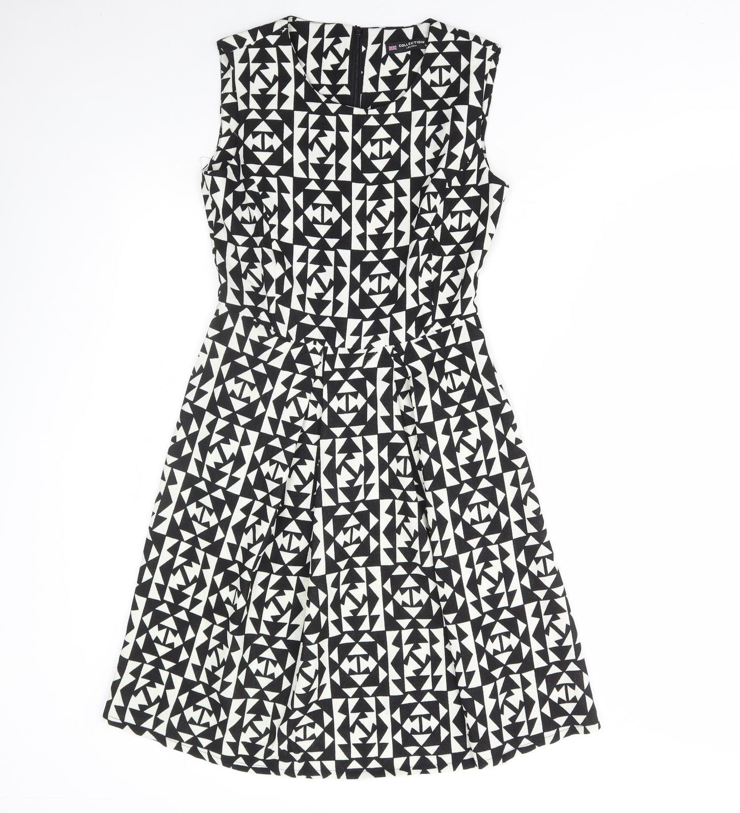 Collection Womens Black Geometric Polyester Skater Dress Size 8 Round Neck Zip