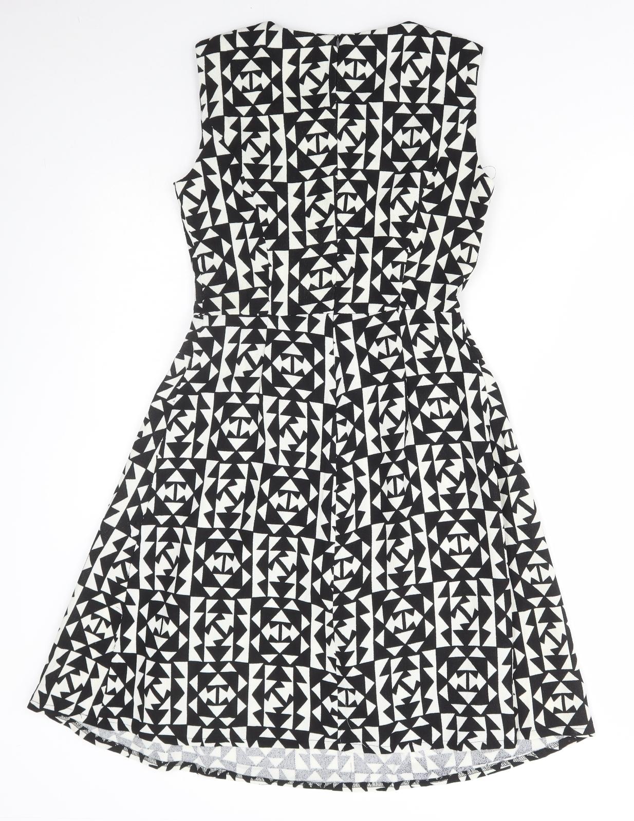 Collection Womens Black Geometric Polyester Skater Dress Size 8 Round Neck Zip
