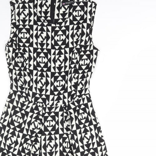 Collection Womens Black Geometric Polyester Skater Dress Size 8 Round Neck Zip