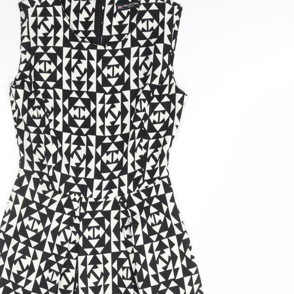 Collection Womens Black Geometric Polyester Skater Dress Size 8 Round Neck Zip