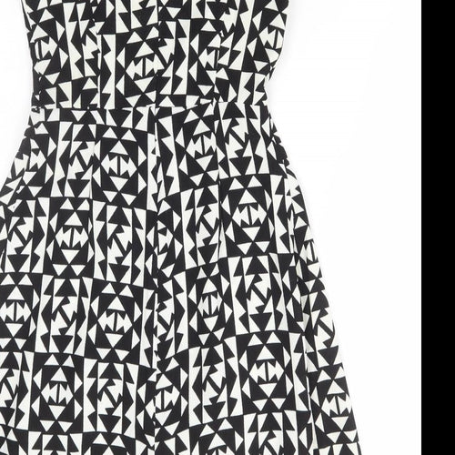Collection Womens Black Geometric Polyester Skater Dress Size 8 Round Neck Zip