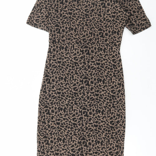Collection Womens Brown Animal Print Polyester Bodycon Size 8 Round Neck Pullover - Leopard Print