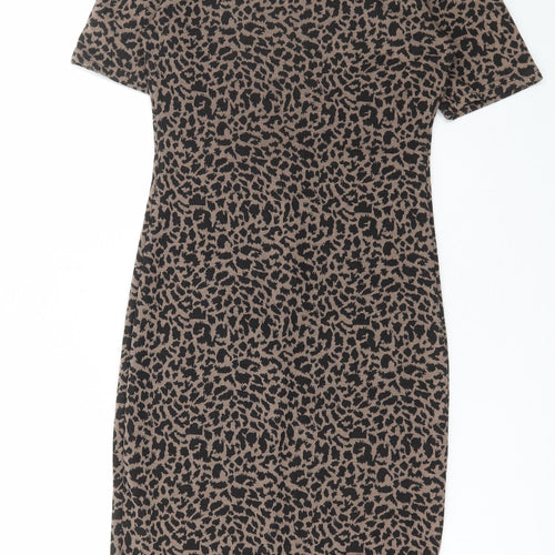 Collection Womens Brown Animal Print Polyester Bodycon Size 8 Round Neck Pullover - Leopard Print
