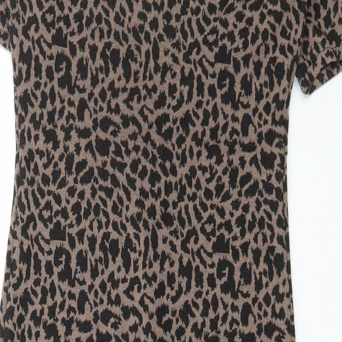 Collection Womens Brown Animal Print Polyester Bodycon Size 8 Round Neck Pullover - Leopard Print
