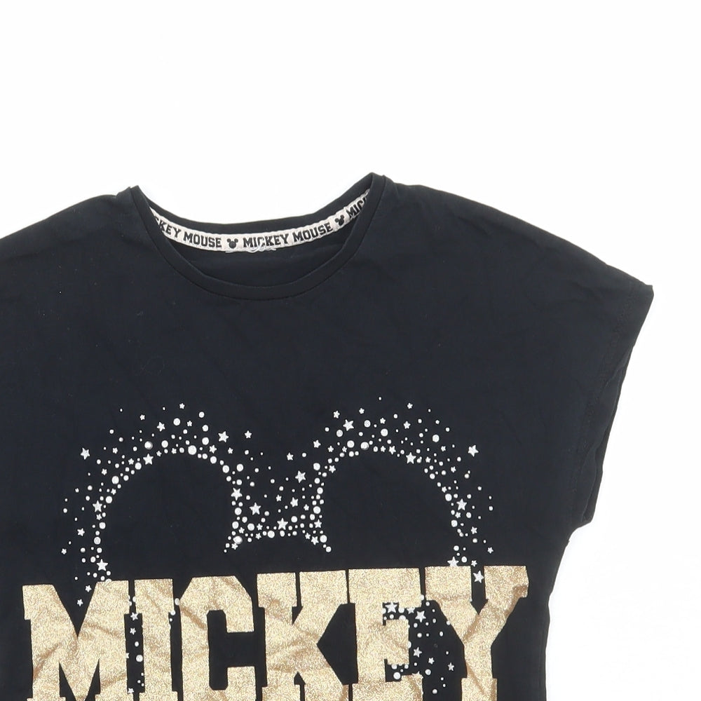 George Girls Black Cotton Basic T-Shirt Size 9-10 Years Round Neck Pullover - Mickey Mouse