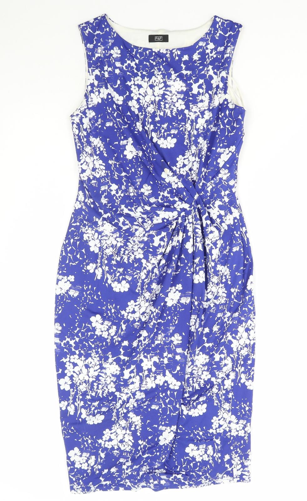 F&F Womens Beige Floral Polyester Pencil Dress Size 10 Round Neck Pullover
