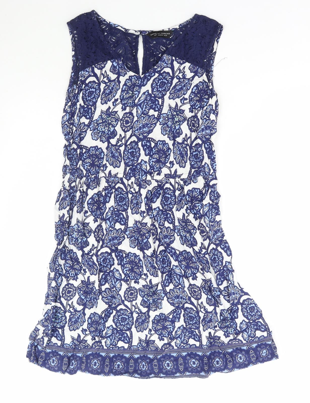 Dororthy Perkins Womens Blue Geometric Viscose A-Line Size 12 Scoop Neck Button - Lace Detail