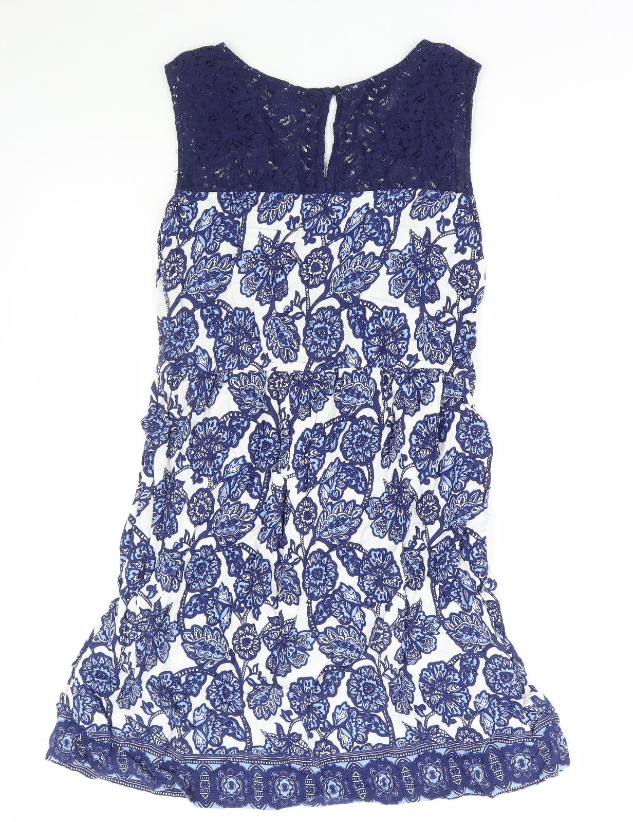 Dororthy Perkins Womens Blue Geometric Viscose A-Line Size 12 Scoop Neck Button - Lace Detail