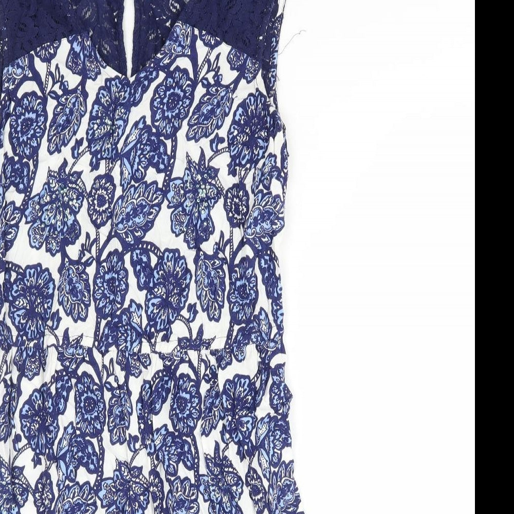 Dororthy Perkins Womens Blue Geometric Viscose A-Line Size 12 Scoop Neck Button - Lace Detail