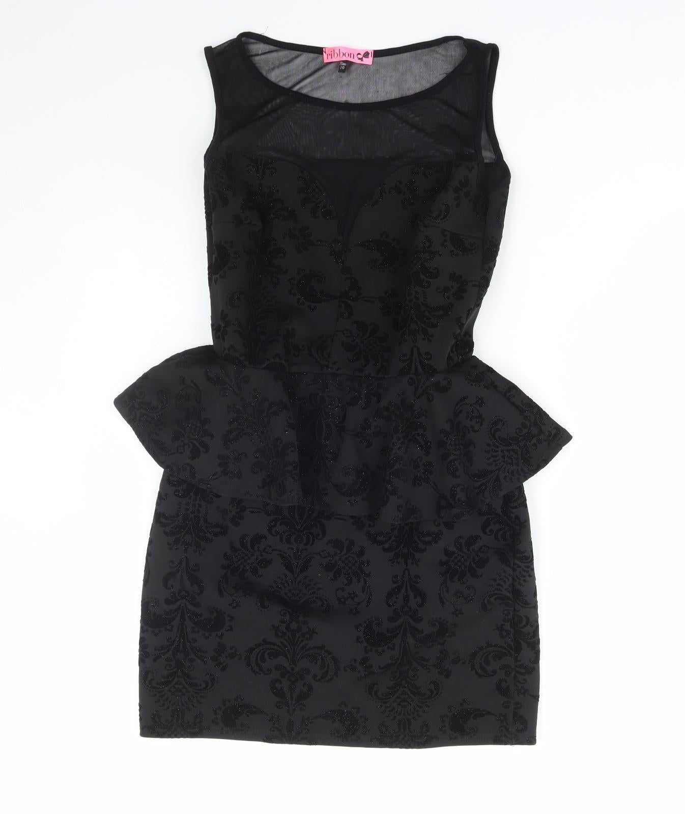 Ribbon Womens Black Geometric Polyester Bodycon Size 10 Round Neck Pullover
