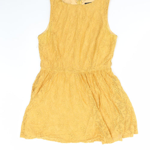 Affair Womens Yellow Polyamide Skater Dress Size 12 Round Neck Zip