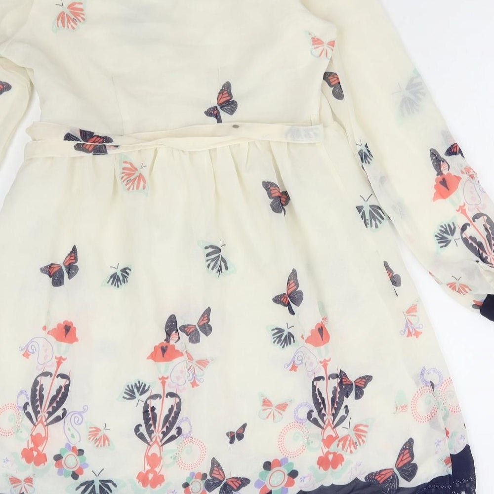TG Womens Multicoloured Geometric Cotton Skater Dress Size 12 V-Neck Tie - Butterfly Print