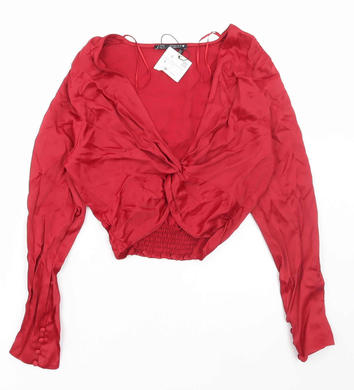 Zara Womens Red Viscose Cropped Blouse Size S V-Neck