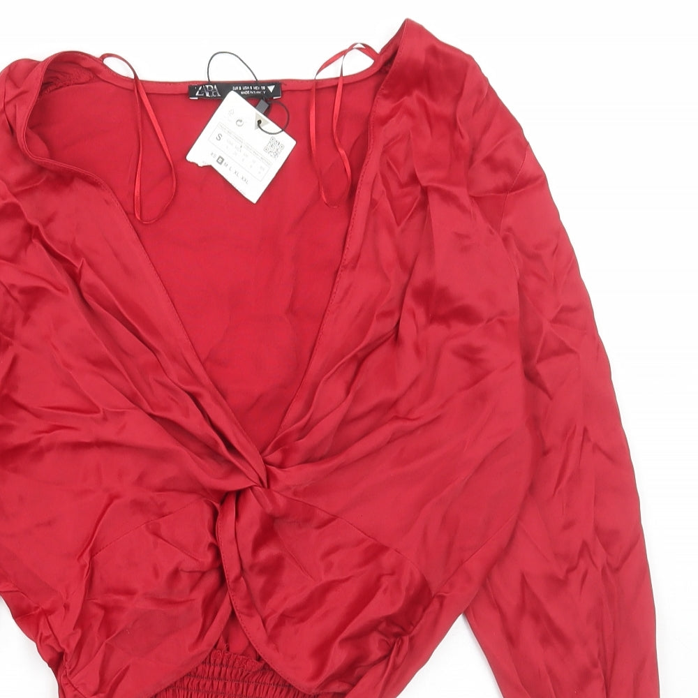 Zara Womens Red Viscose Cropped Blouse Size S V-Neck