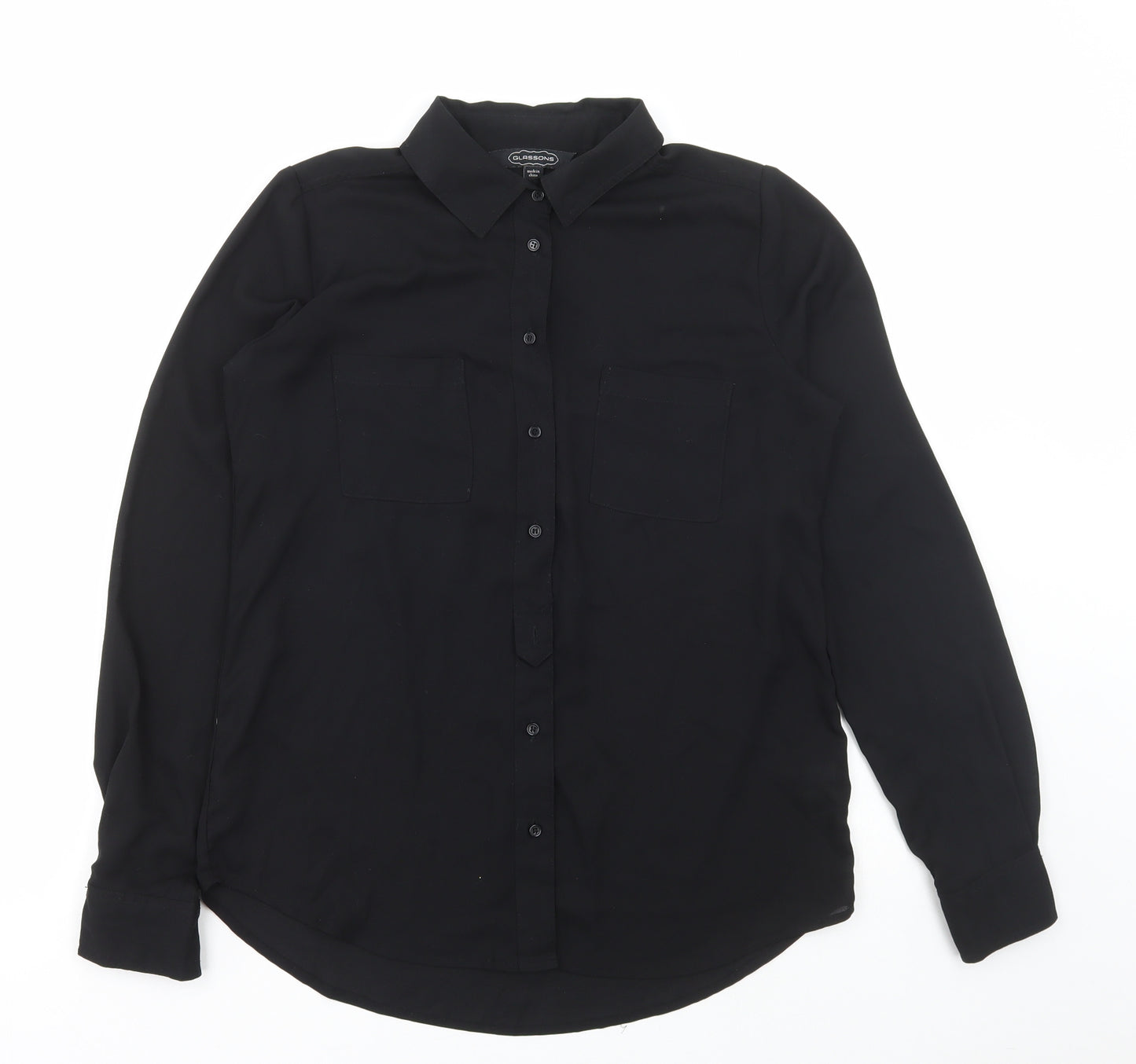 Glasson Womens Black Polyester Basic Button-Up Size 8 Collared