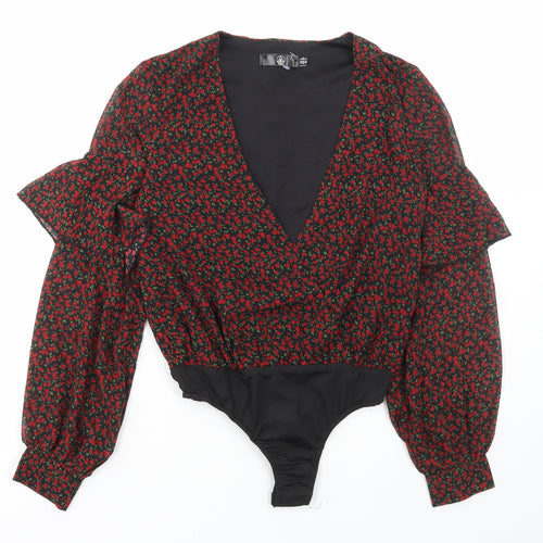 Missguided Womens Black Floral Polyester Bodysuit One-Piece Size 8 Pullover