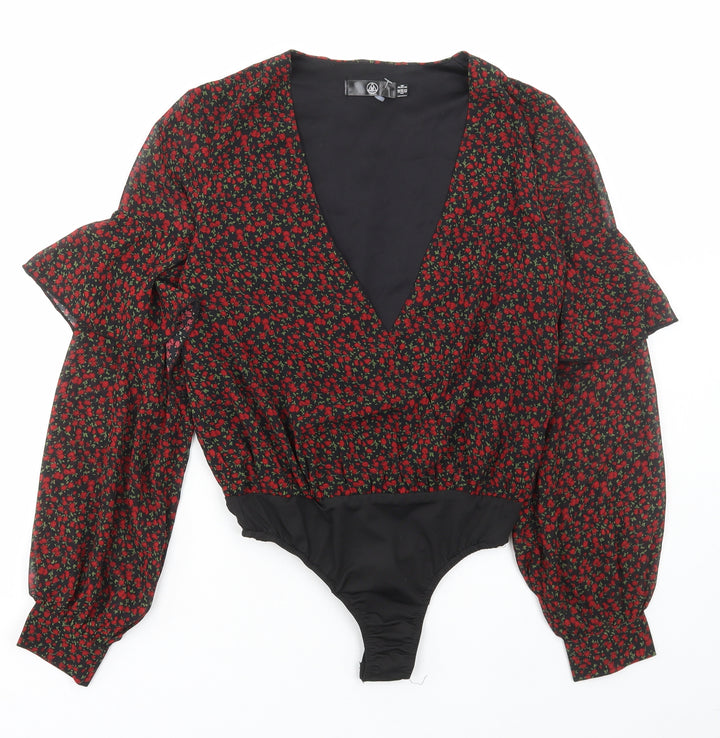 Missguided Womens Black Floral Polyester Bodysuit One-Piece Size 8 Pullover