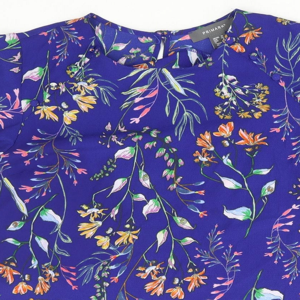 Primark Womens Blue Floral Polyester Basic Blouse Size 10 Round Neck