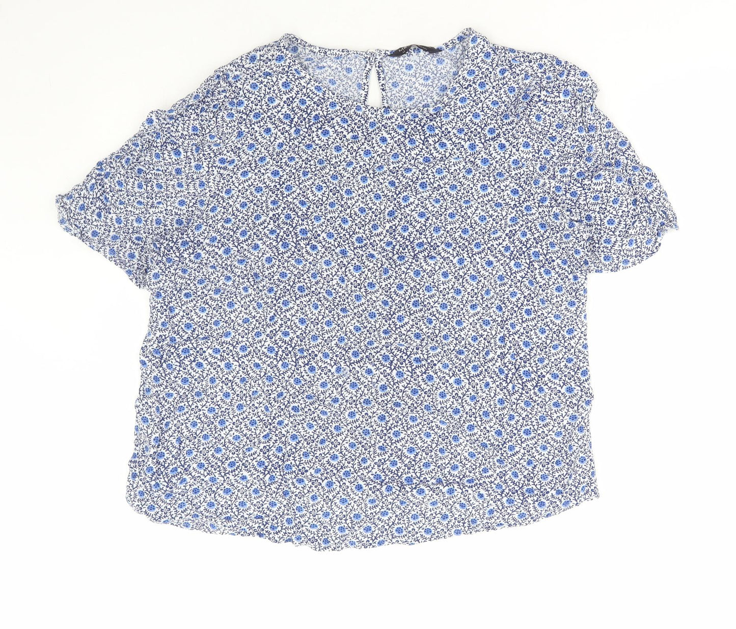 Marks and Spencer Womens Blue Geometric Viscose Basic Blouse Size 14 Round Neck