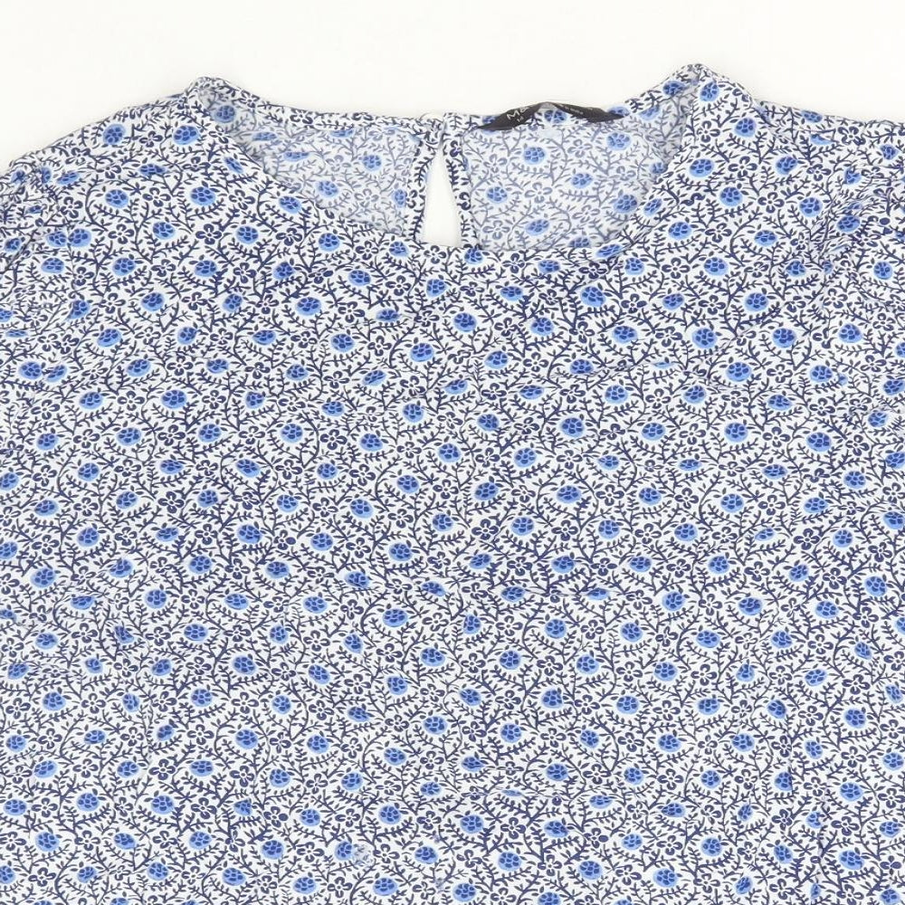 Marks and Spencer Womens Blue Geometric Viscose Basic Blouse Size 14 Round Neck