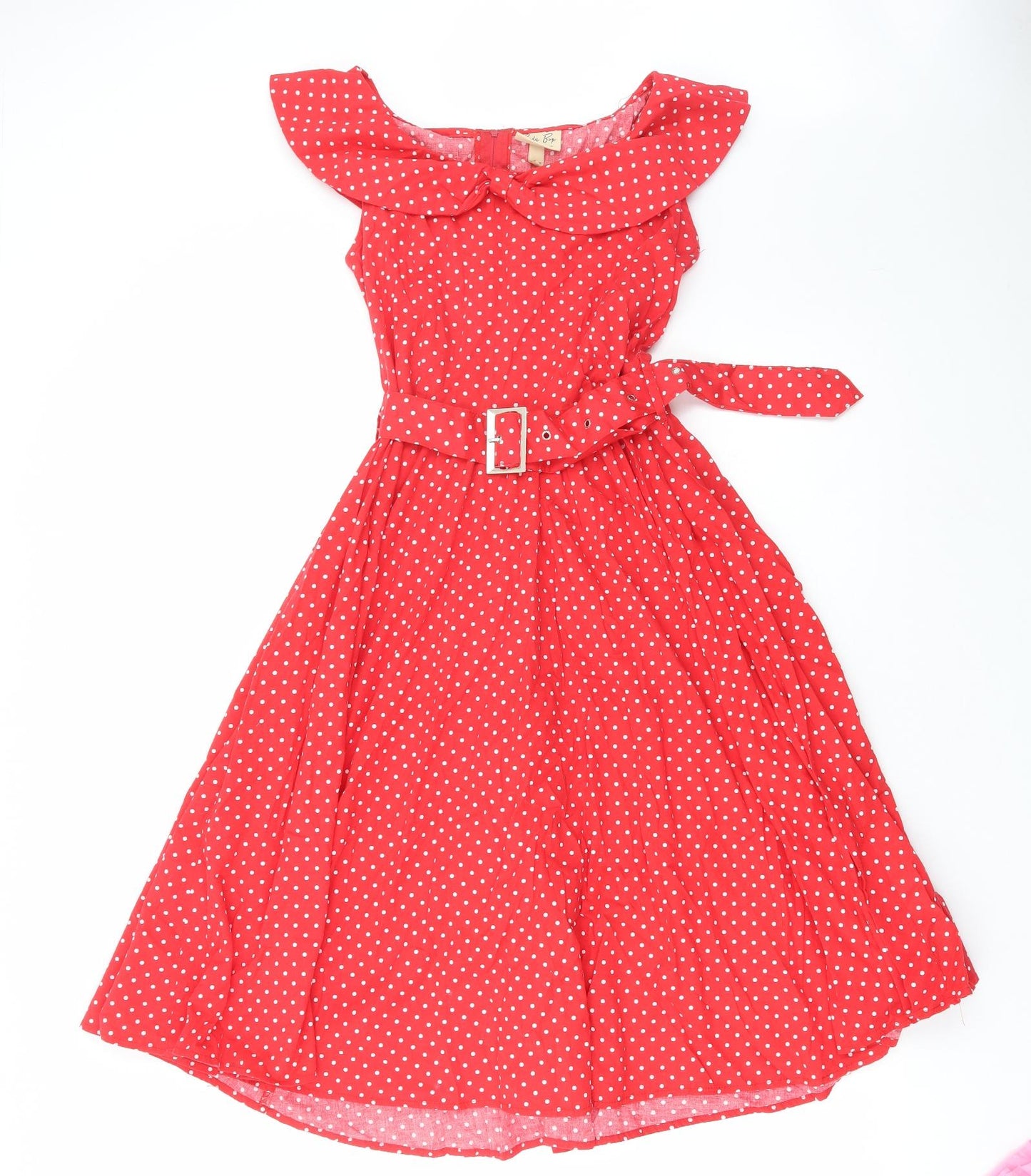 Lindy Bop Womens Red Polka Dot Cotton Fit & Flare Size 12 Off the Shoulder Button