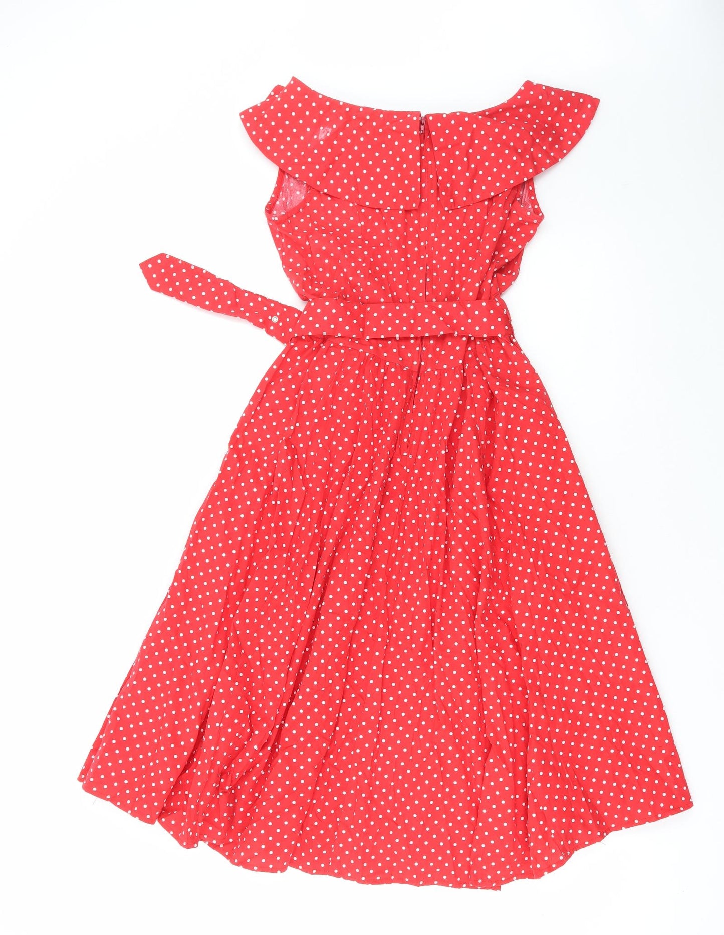 Lindy Bop Womens Red Polka Dot Cotton Fit & Flare Size 12 Off the Shoulder Button