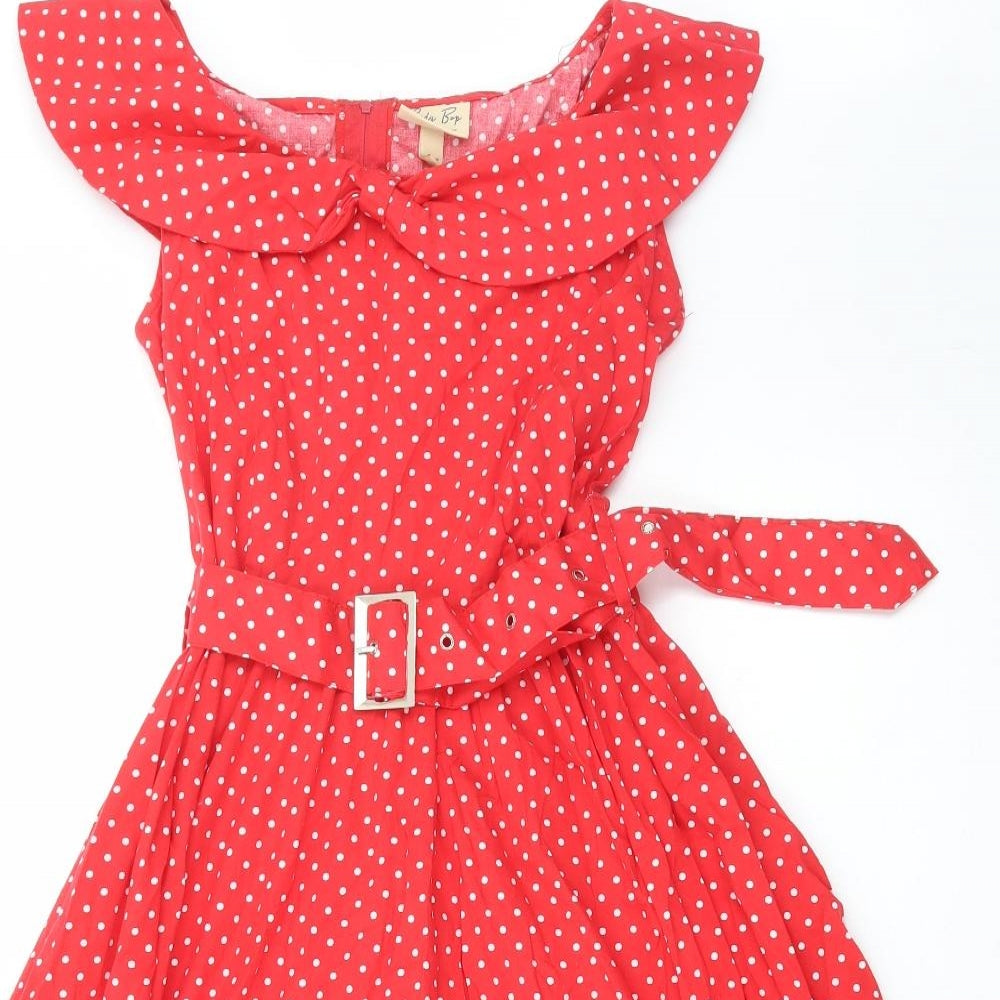 Lindy Bop Womens Red Polka Dot Cotton Fit & Flare Size 12 Off the Shoulder Button