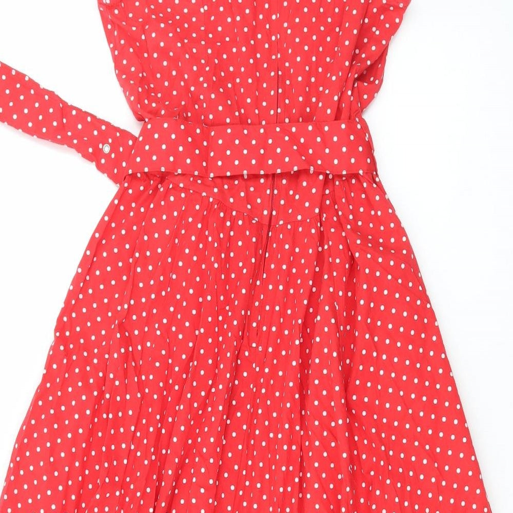 Lindy Bop Womens Red Polka Dot Cotton Fit & Flare Size 12 Off the Shoulder Button