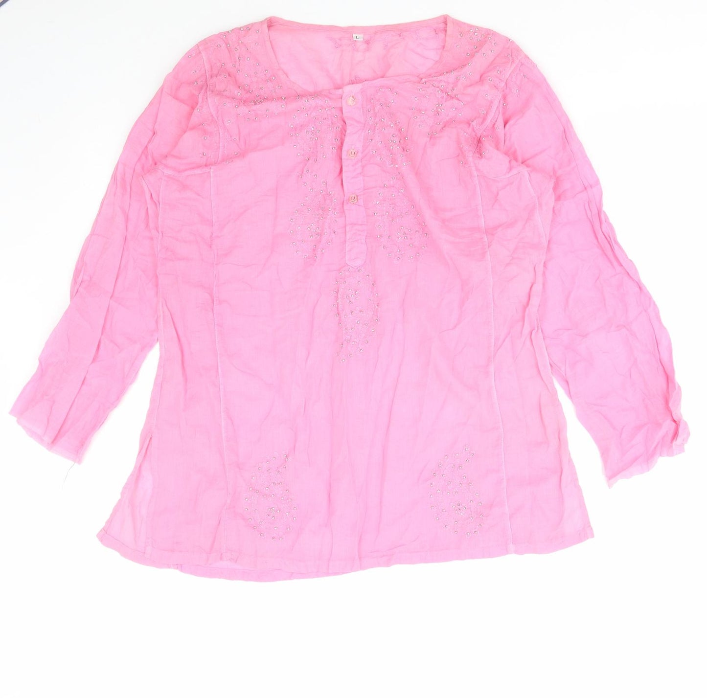 Preworn Womens Pink Paisley Polyester Basic Blouse Size L V-Neck