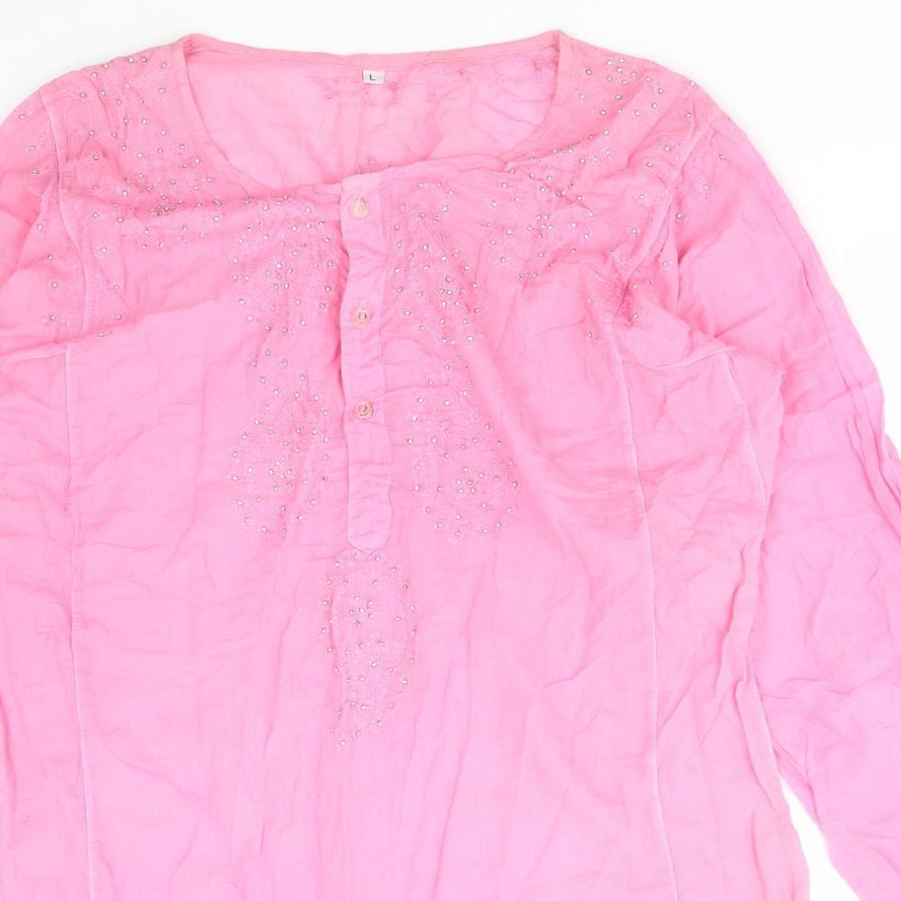 Preworn Womens Pink Paisley Polyester Basic Blouse Size L V-Neck