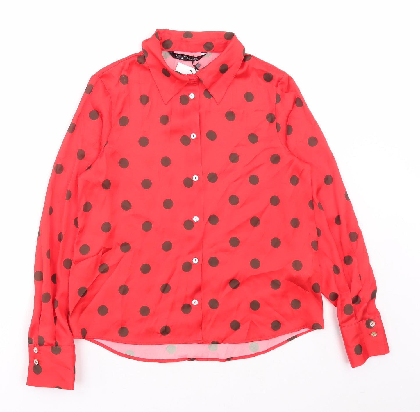 Zara Womens Red Polka Dot Polyester Basic Button-Up Size XS Collared