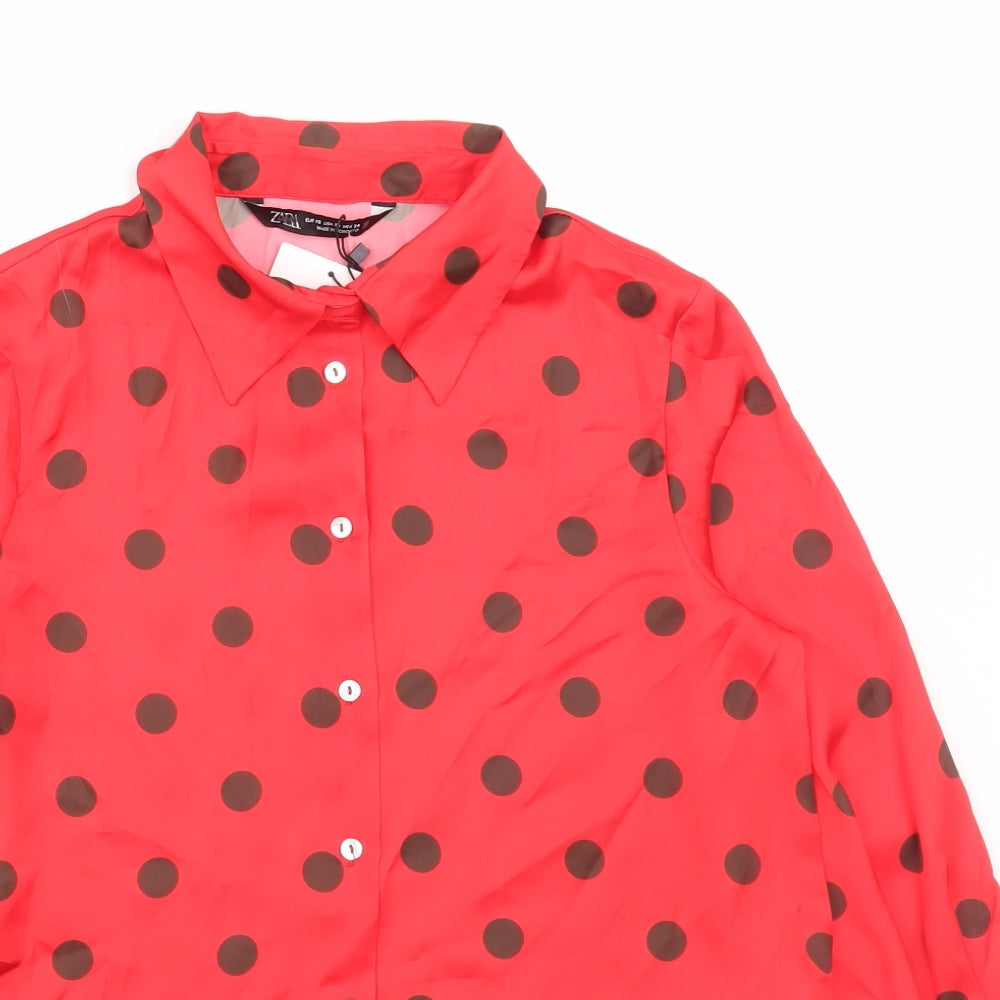 Zara Womens Red Polka Dot Polyester Basic Button-Up Size XS Collared