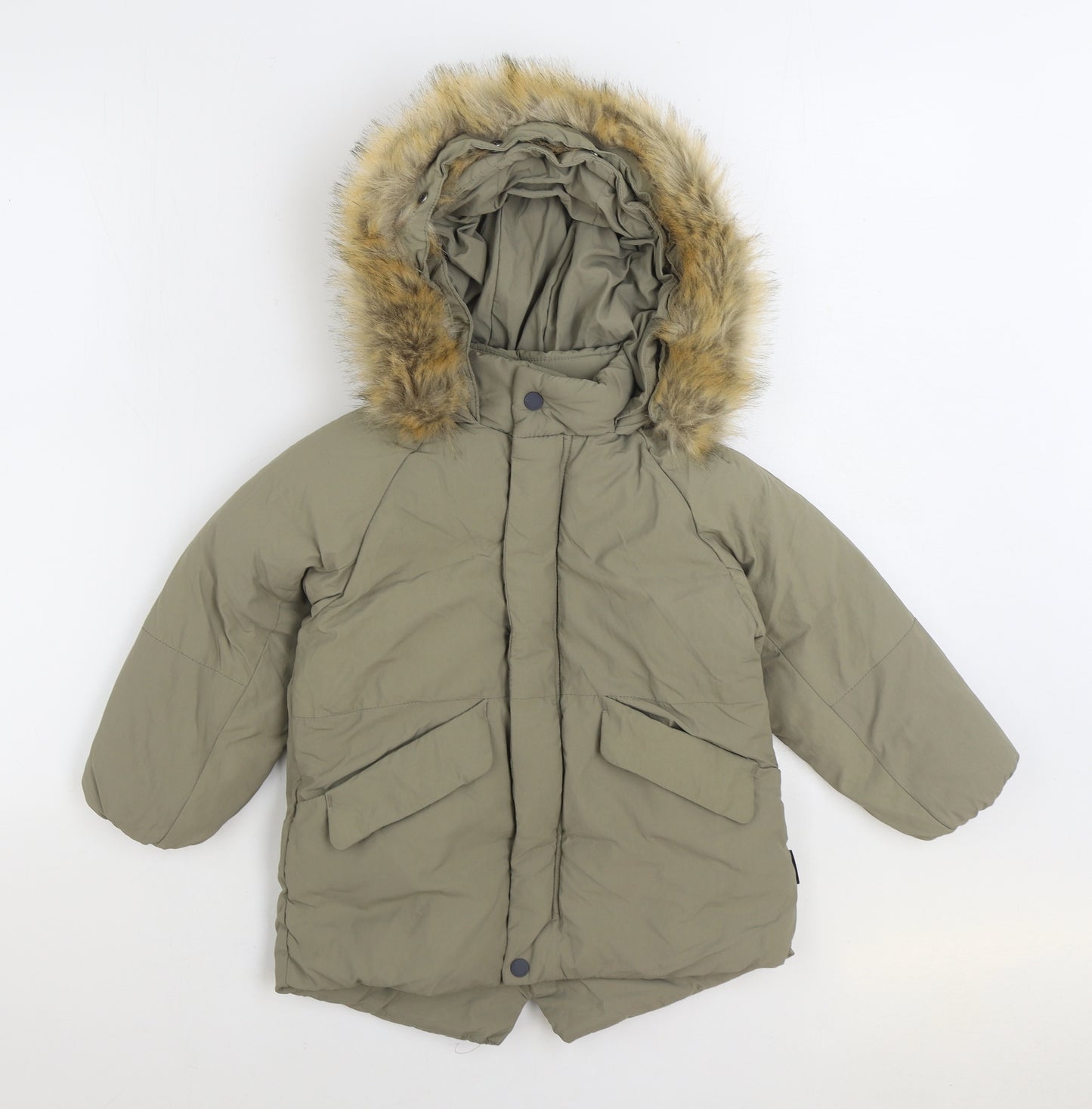 Zara Boys Green Parka Coat Size 3-4 Years Zip