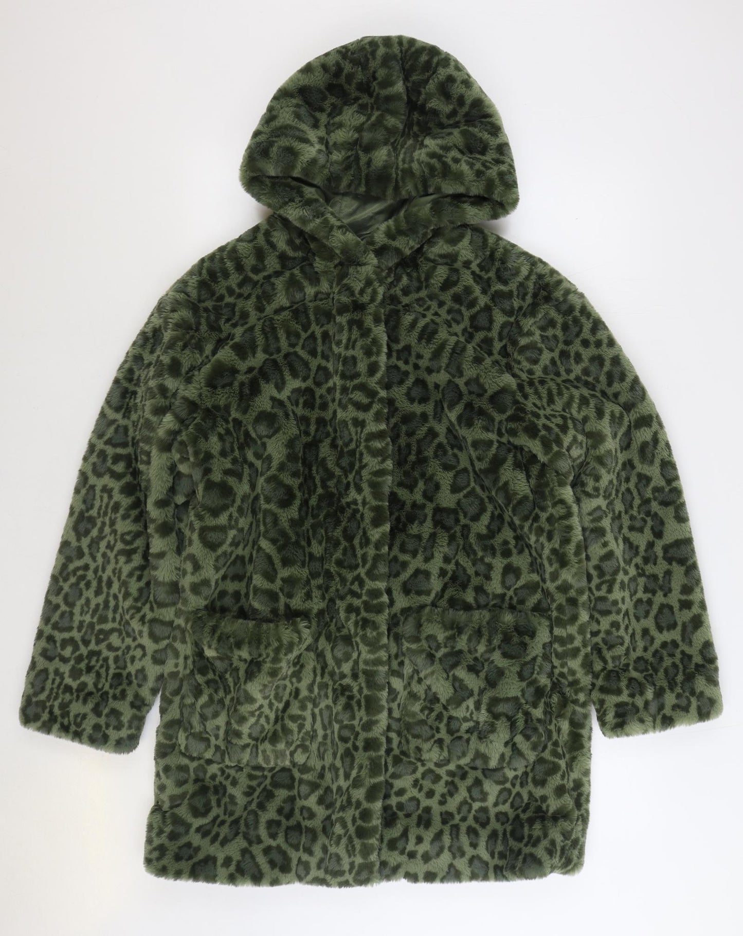 Marks and Spencer Womens Green Animal Print Jacket Size 10 Zip - Leopard Print Faux Fur