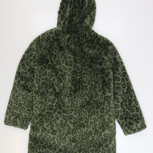 Marks and Spencer Womens Green Animal Print Jacket Size 10 Zip - Leopard Print Faux Fur