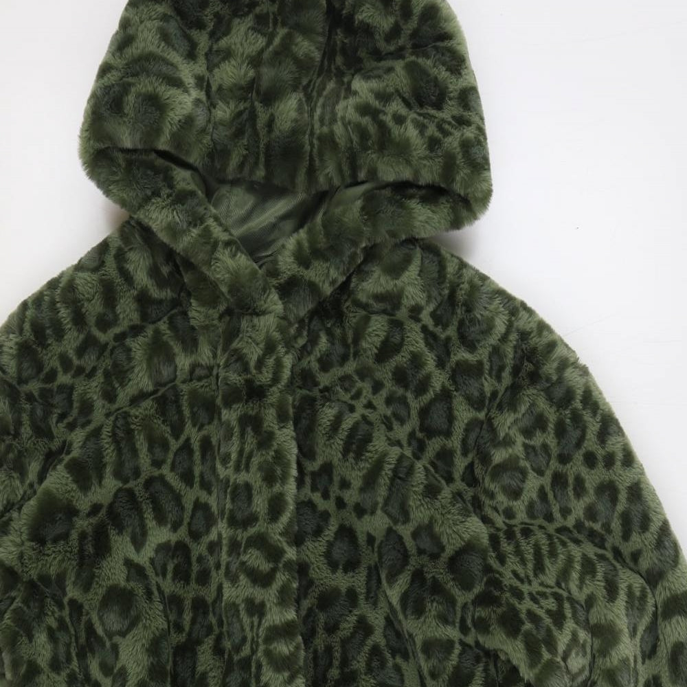 Marks and Spencer Womens Green Animal Print Jacket Size 10 Zip - Leopard Print Faux Fur