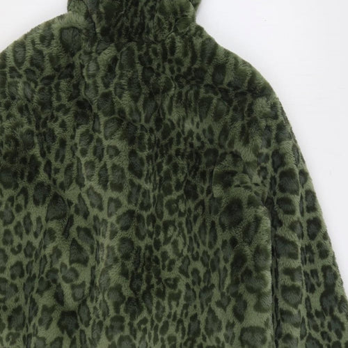 Marks and Spencer Womens Green Animal Print Jacket Size 10 Zip - Leopard Print Faux Fur