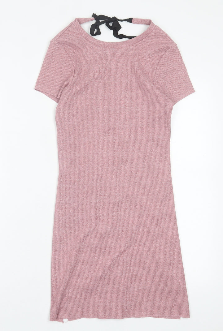 River Island Womens Pink Cotton A-Line Size 6 Crew Neck Tie