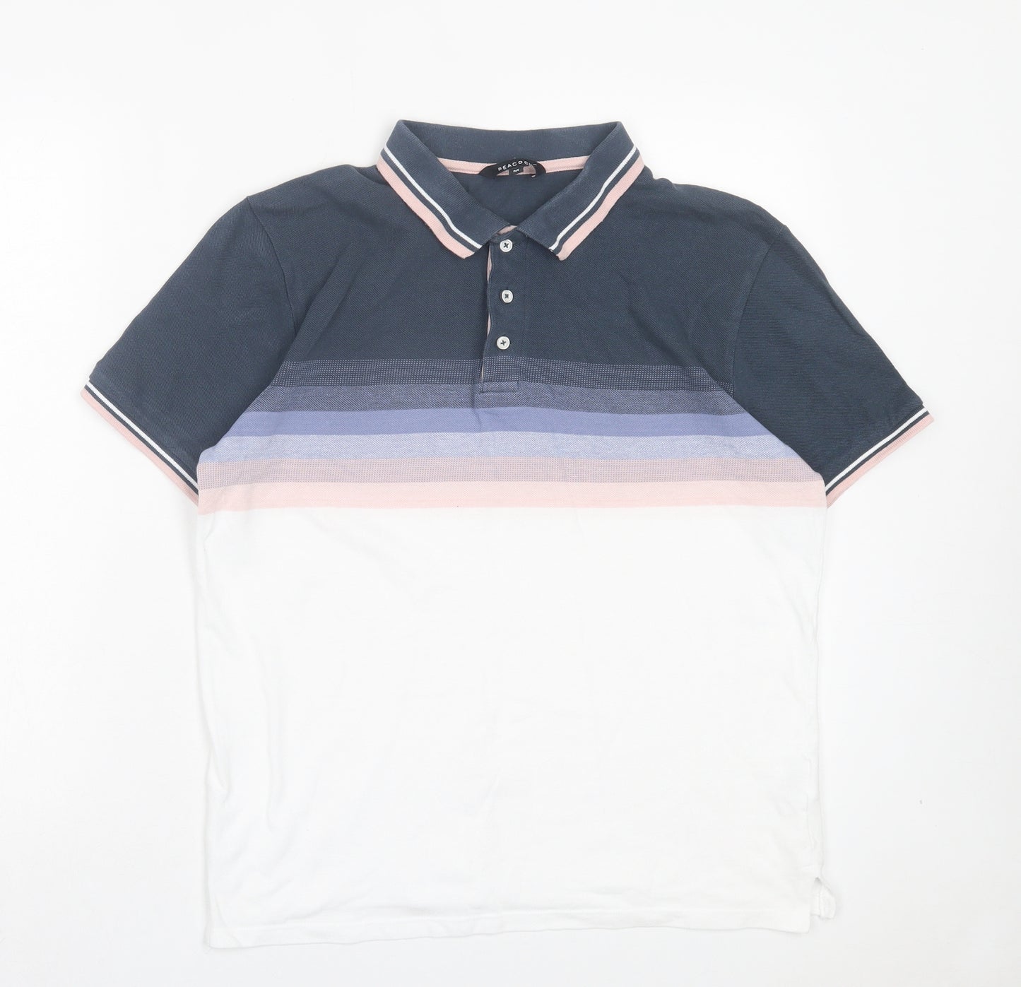 Peacocks Mens Multicoloured Striped Cotton Polo Size M Collared Button