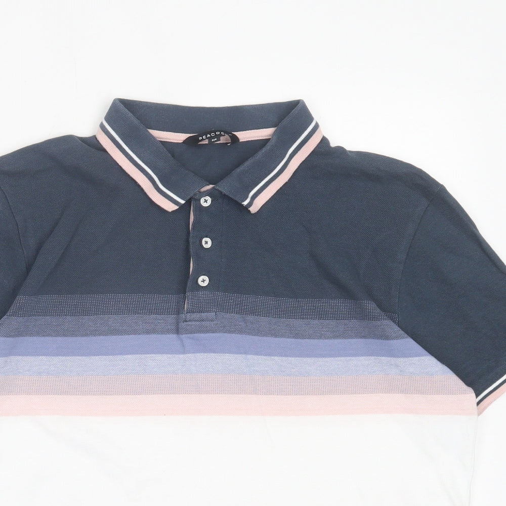 Peacocks Mens Multicoloured Striped Cotton Polo Size M Collared Button