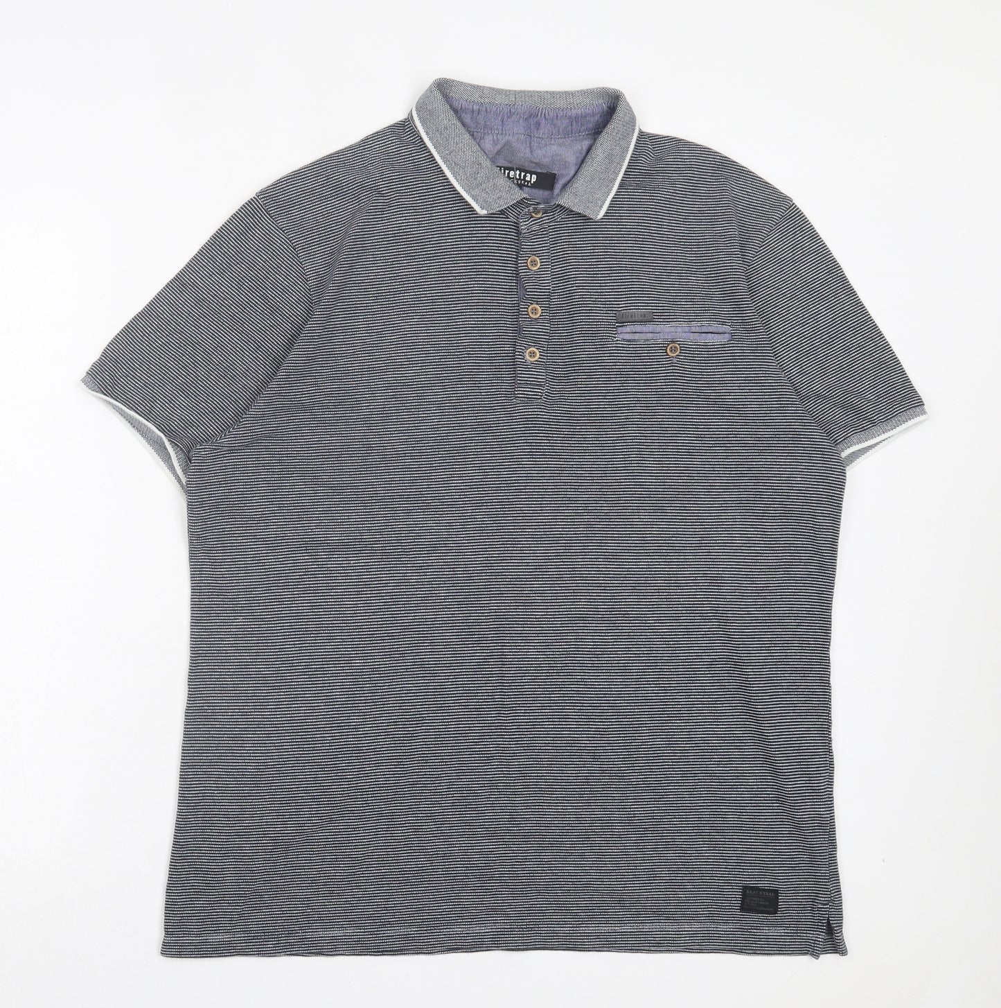 Firetrap Mens Blue Striped Cotton Polo Size 2XL Collared Button
