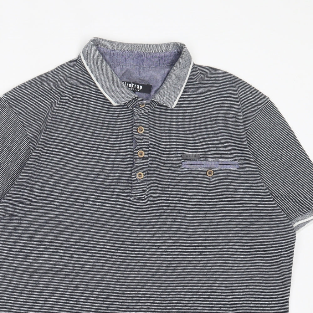 Firetrap Mens Blue Striped Cotton Polo Size 2XL Collared Button
