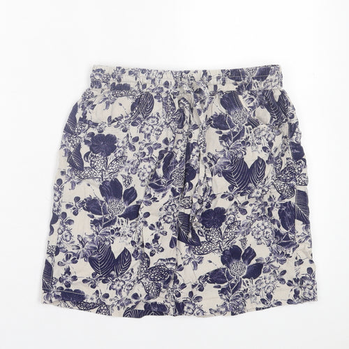 George Womens Blue Floral Linen A-Line Skirt Size 10 Drawstring