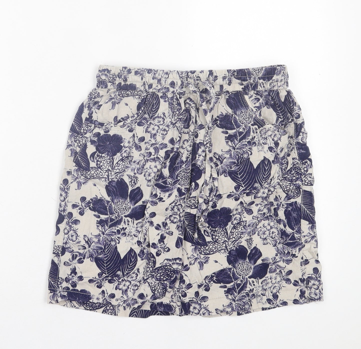 George Womens Blue Floral Linen A-Line Skirt Size 10 Drawstring